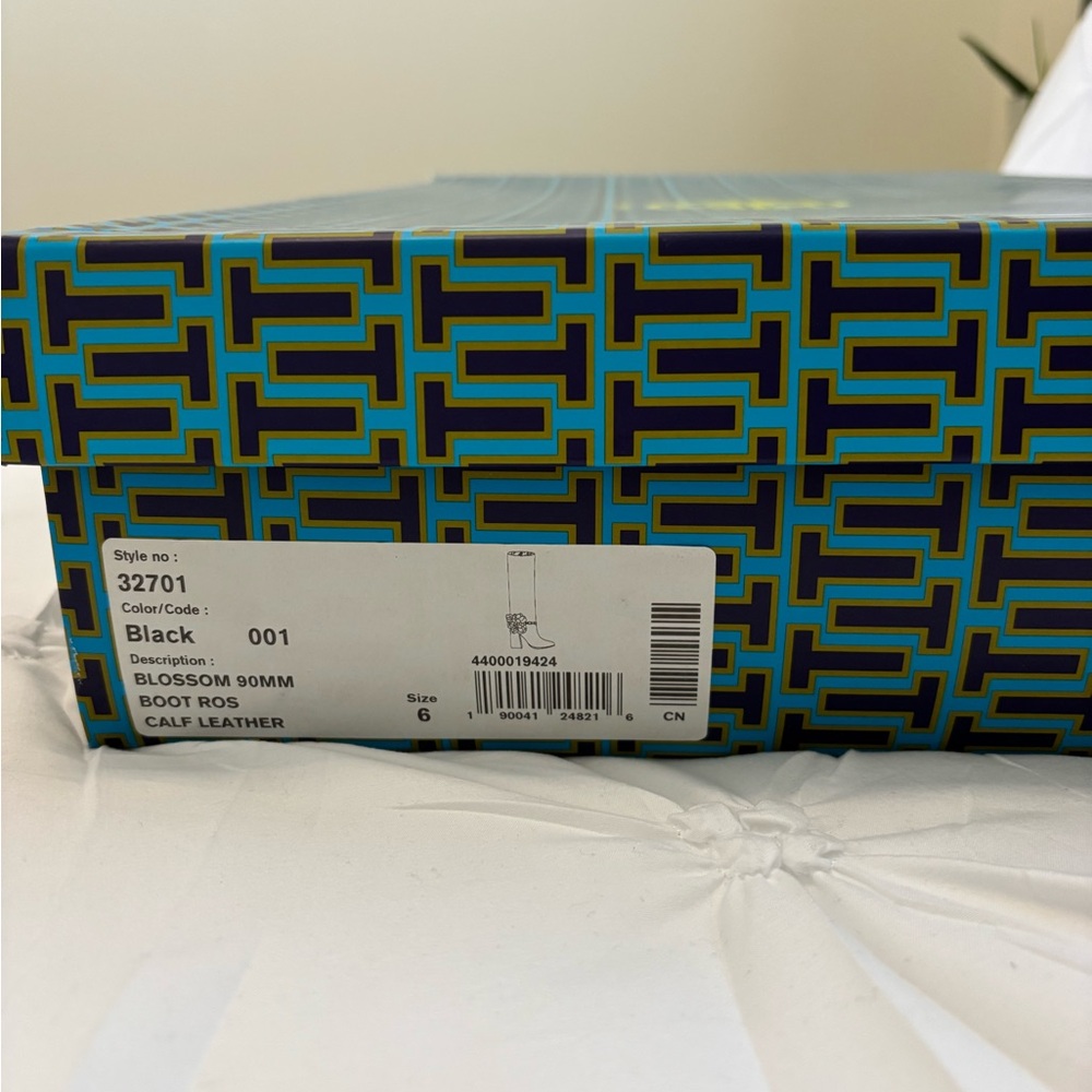 Tory Burch Black Knee-High Block Heel Boots with Gold Chain - Picture 3 of 3